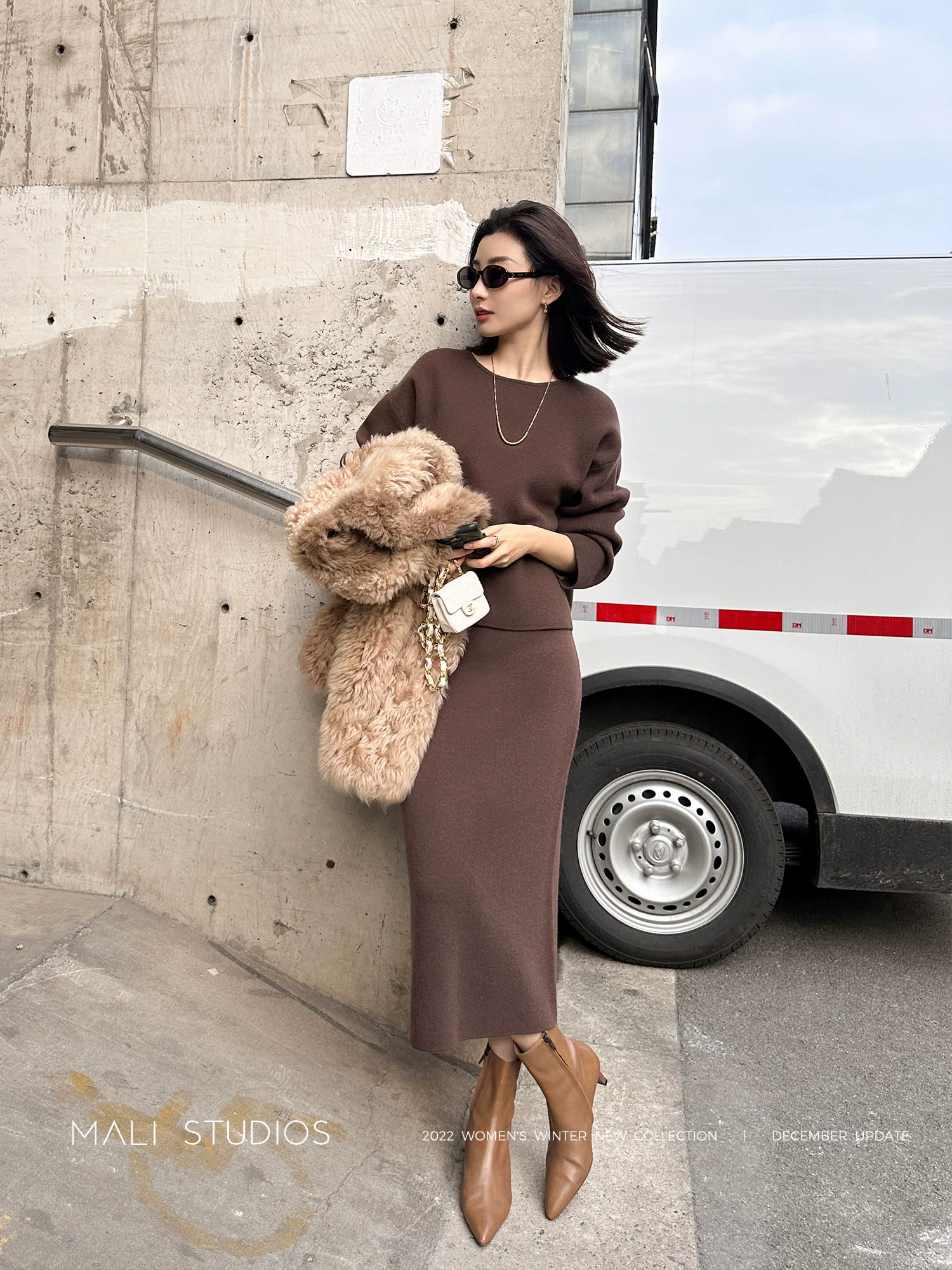 MALI|时髦羊绒羊毛套装_弧袖廓形毛衣+直筒针织半裙 - Image 5