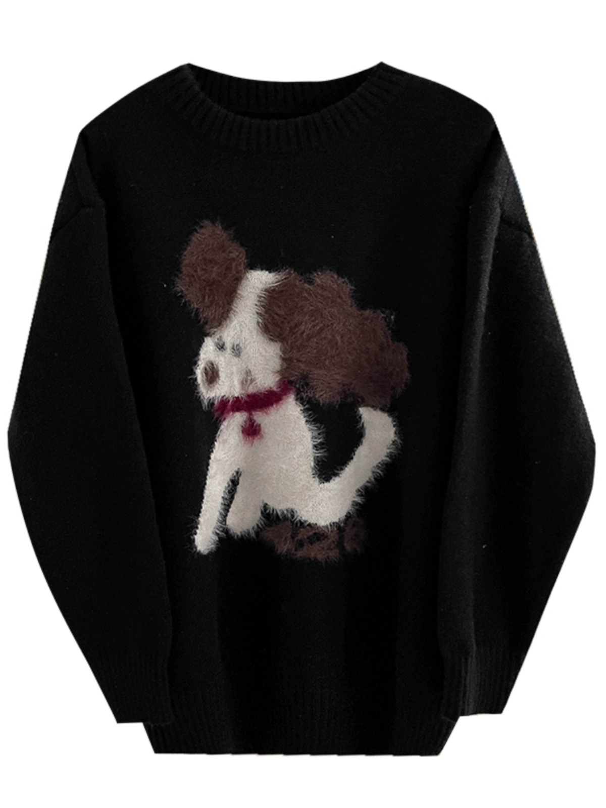 2024冬季圆领套头黑色慵懒风毛衣女韩系小狗图案宽松外穿针织衫女 - Image 5