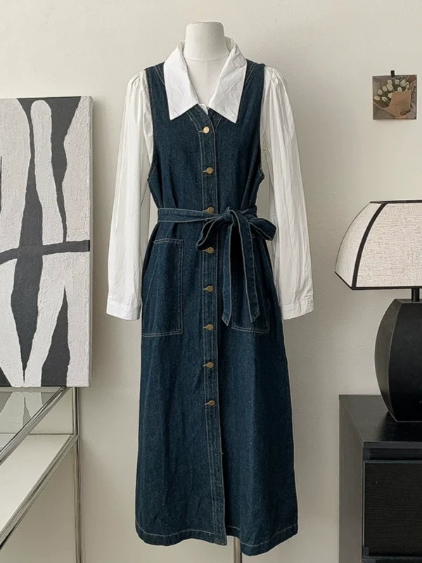 气质纽扣牛仔背心连衣裙2024秋季新款韩版女装纯色短款翻领衬衫潮