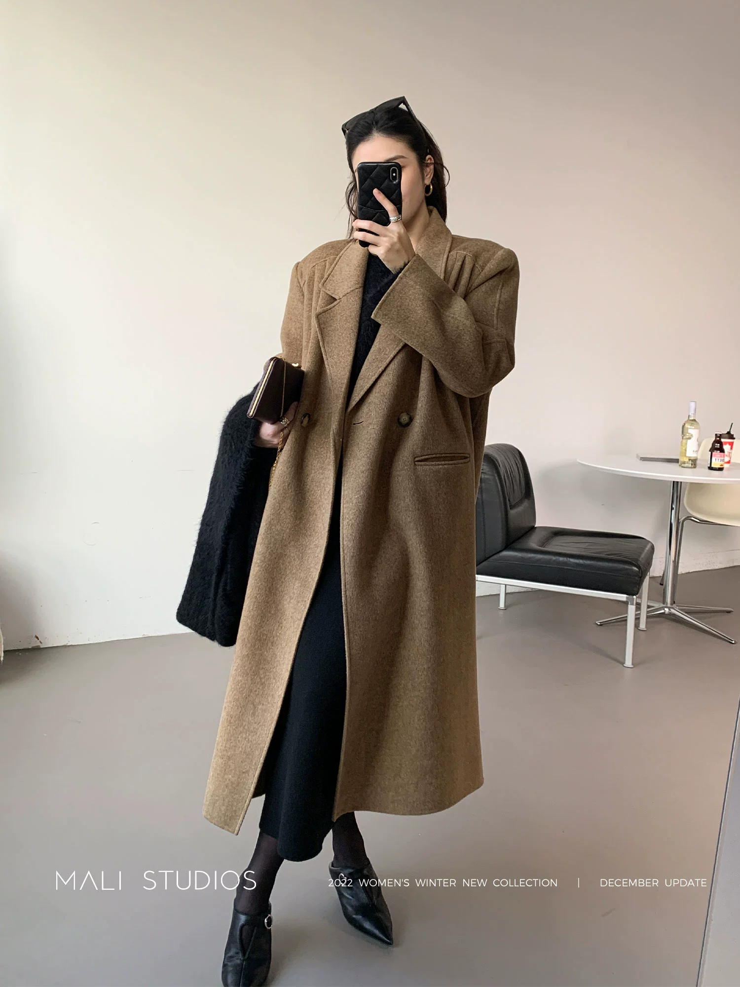 MALI|90年代VTG时髦宽肩_全羊毛双面呢压褶直身大衣