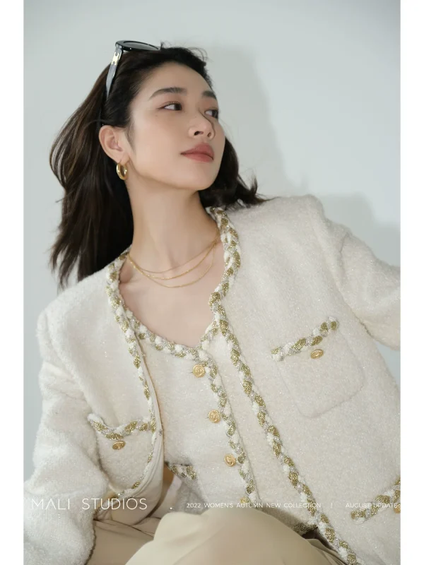 MALI｜定制羊毛圈圈纱粗花呢｜纯手工编织带小香风三件套