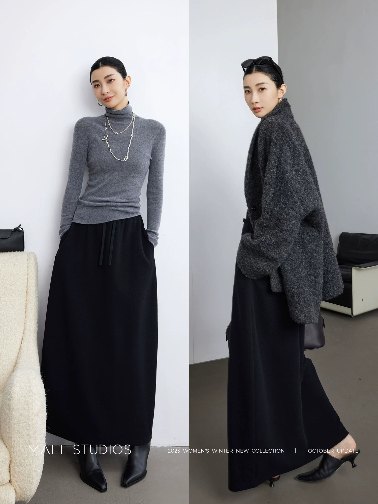 MALI|时髦造型款_立体剪裁宽松休闲弧形半裙扭缝裤 - Image 5