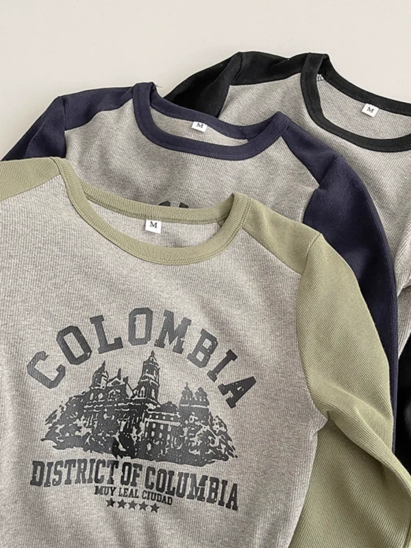 撞色插肩字母印花T恤2024秋季新款女长袖简约套头洋气长袖上衣潮