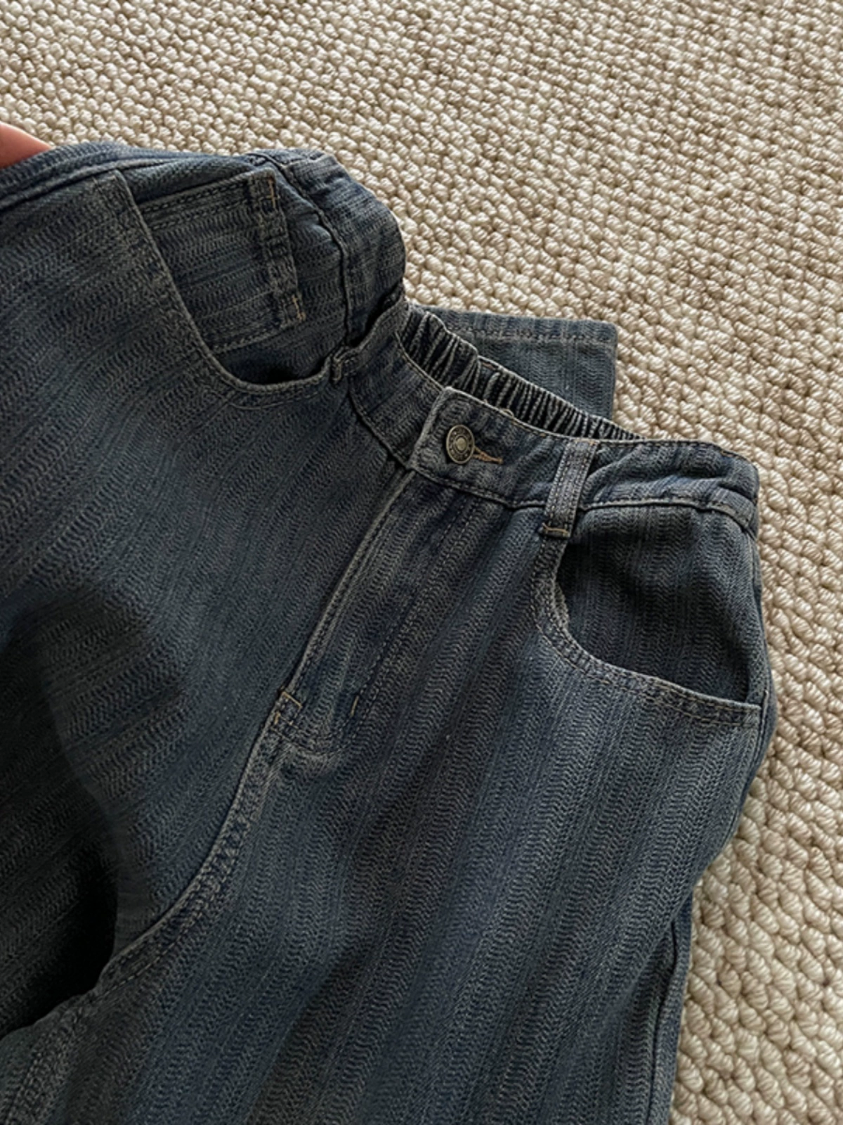 韩系个性条纹纹理宽松阔腿牛仔裤女2024冬季新款设计感阔腿拖地裤 - Image 2