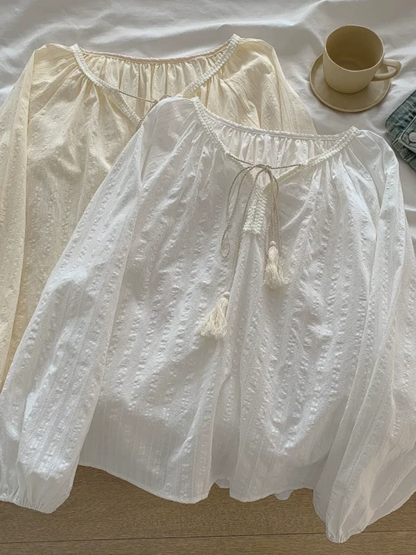 甜美流苏绑带宽松衬衫2024秋季新款女装日系设计感小众泡泡袖上衣