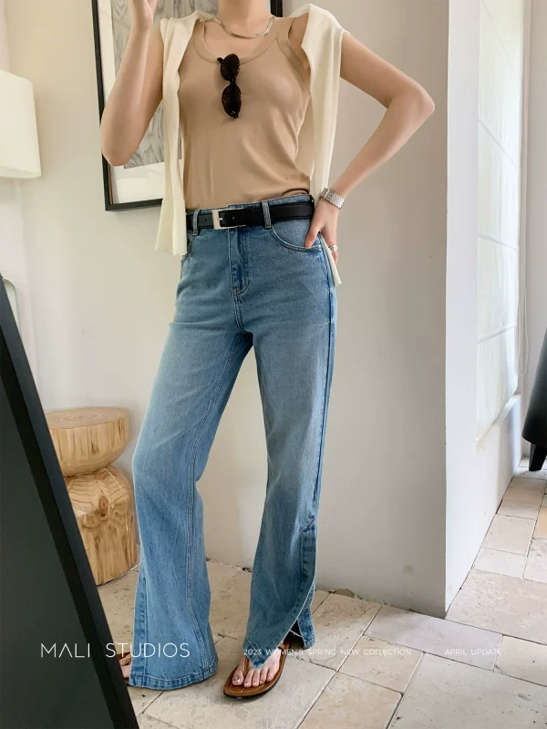 MALI|90S解构主义_夏日天丝棉柔感大理石纹侧开叉牛仔裤