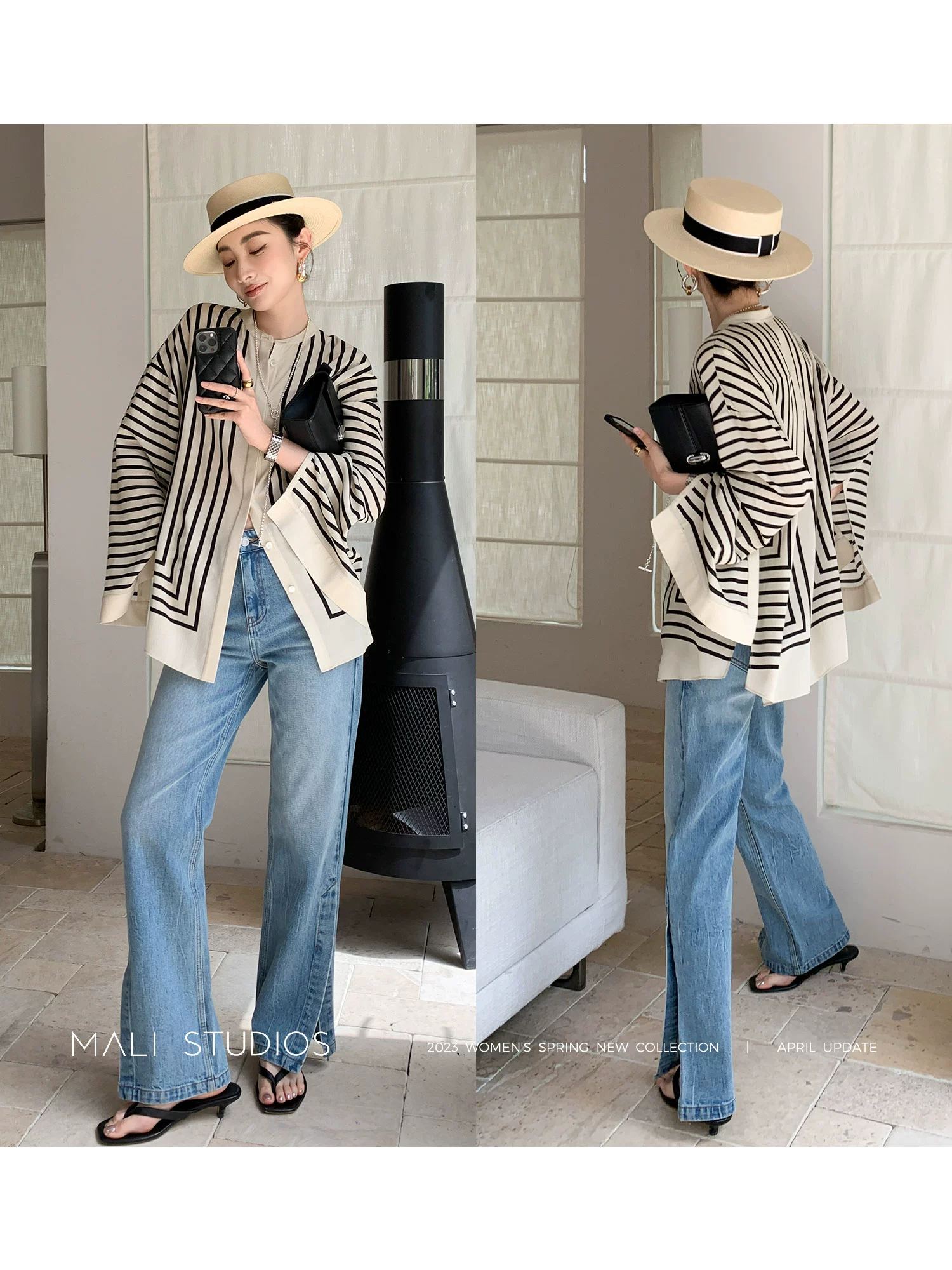 MALI|定制18MM真丝双绉_清凉度假氛围感时髦定位条纹衬衫阔腿裤 - Image 4