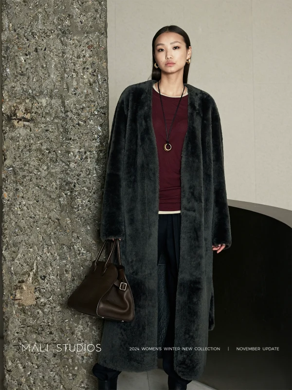 MALI | 进口美利奴皮毛一体系带浴袍长皮草外套