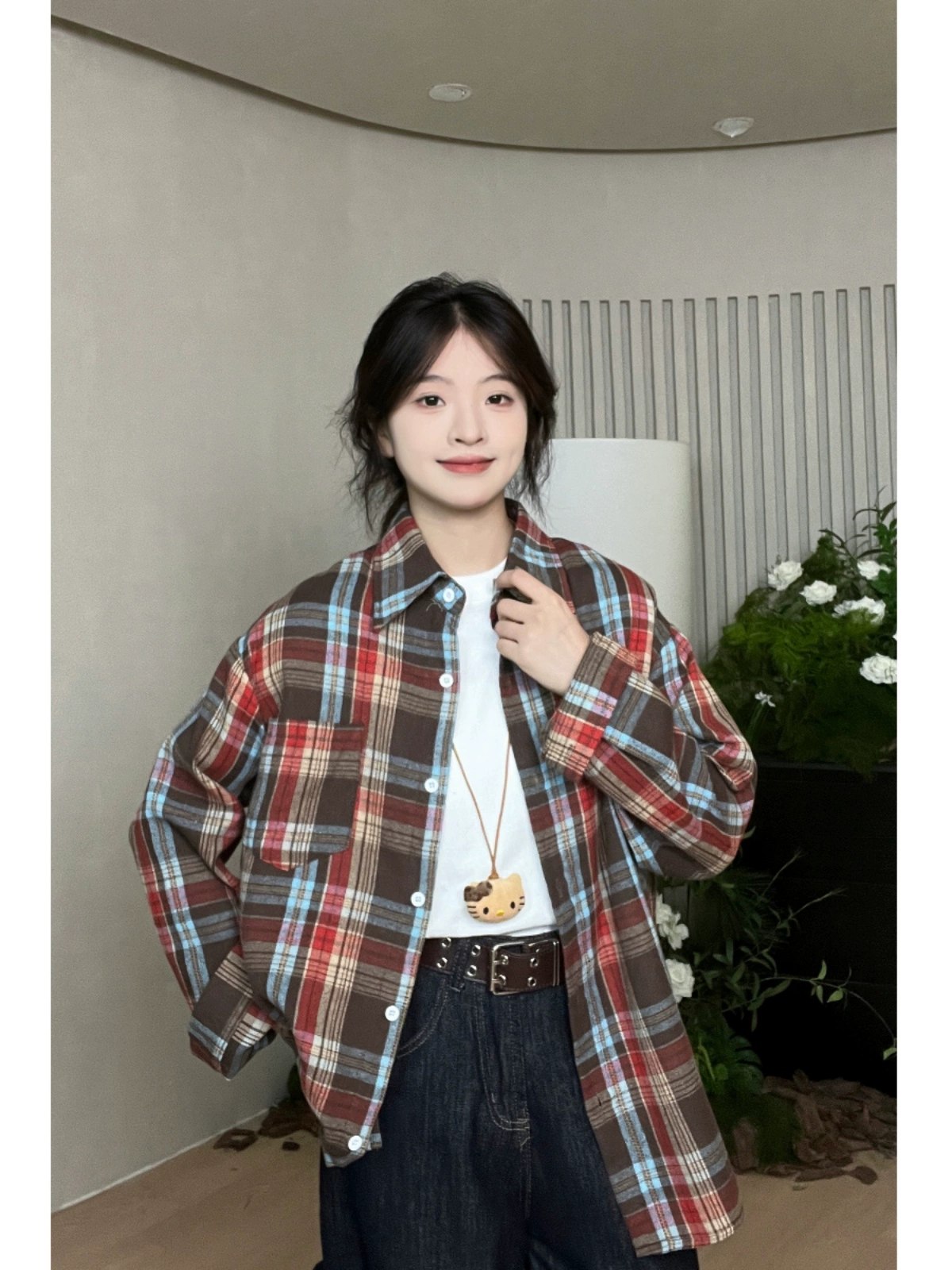 时尚休闲多色格子翻领衬衫2024秋季新款韩版女装撞色男友风开衫潮 - Image 5