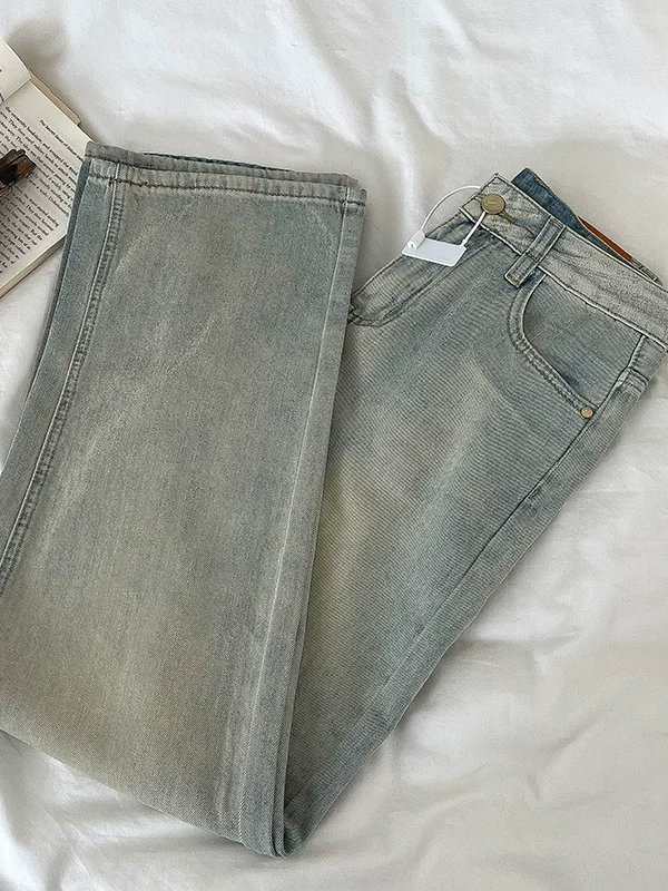 复古做旧水洗牛仔裤2024秋季新款女装百搭浅色宽松垂感阔腿长裤子