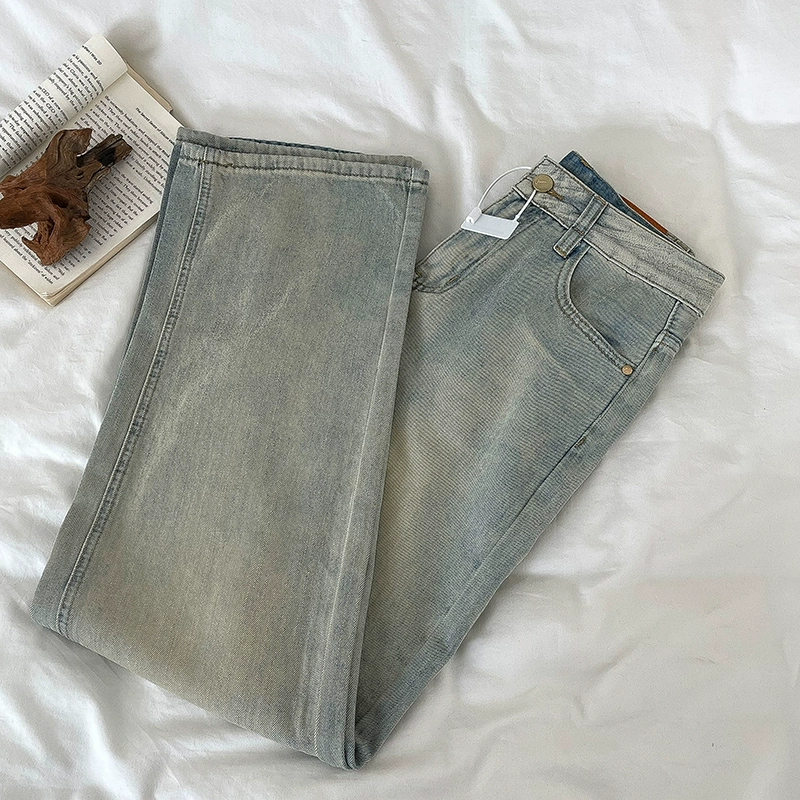 复古做旧水洗牛仔裤2024秋季新款女装百搭浅色宽松垂感阔腿长裤子