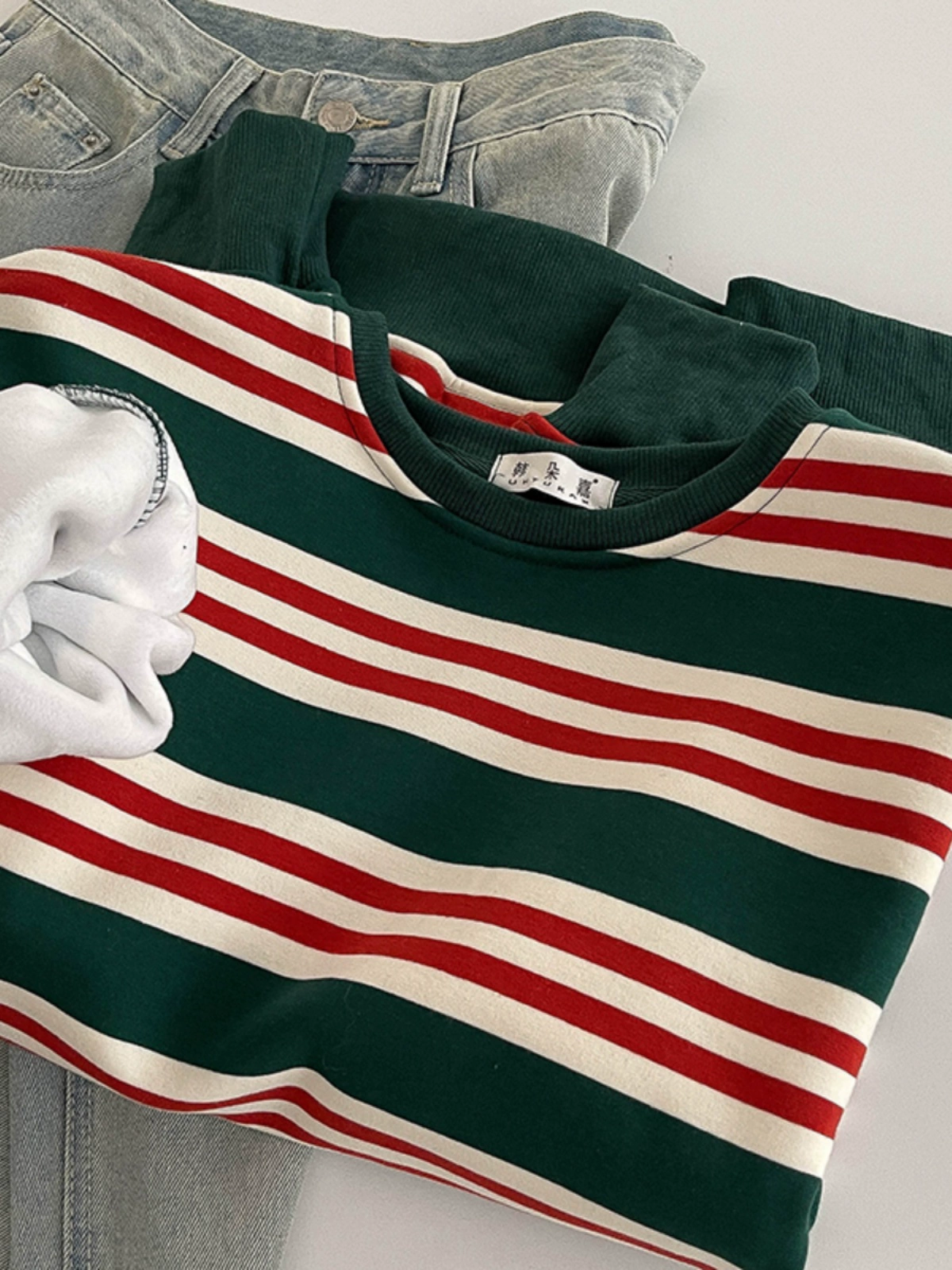 条纹撞色包边baby绒卫衣女2024秋冬慵懒风宽松显瘦套头洋气上衣潮 - Image 2