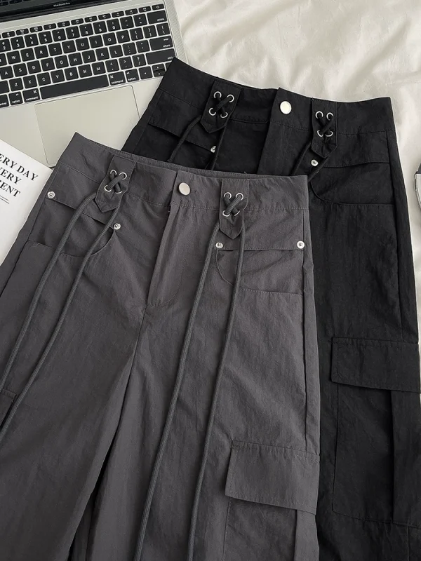 美式辣妹抽绳设计感工装裤休闲裤女2024夏季新款宽松显瘦拖地裤子