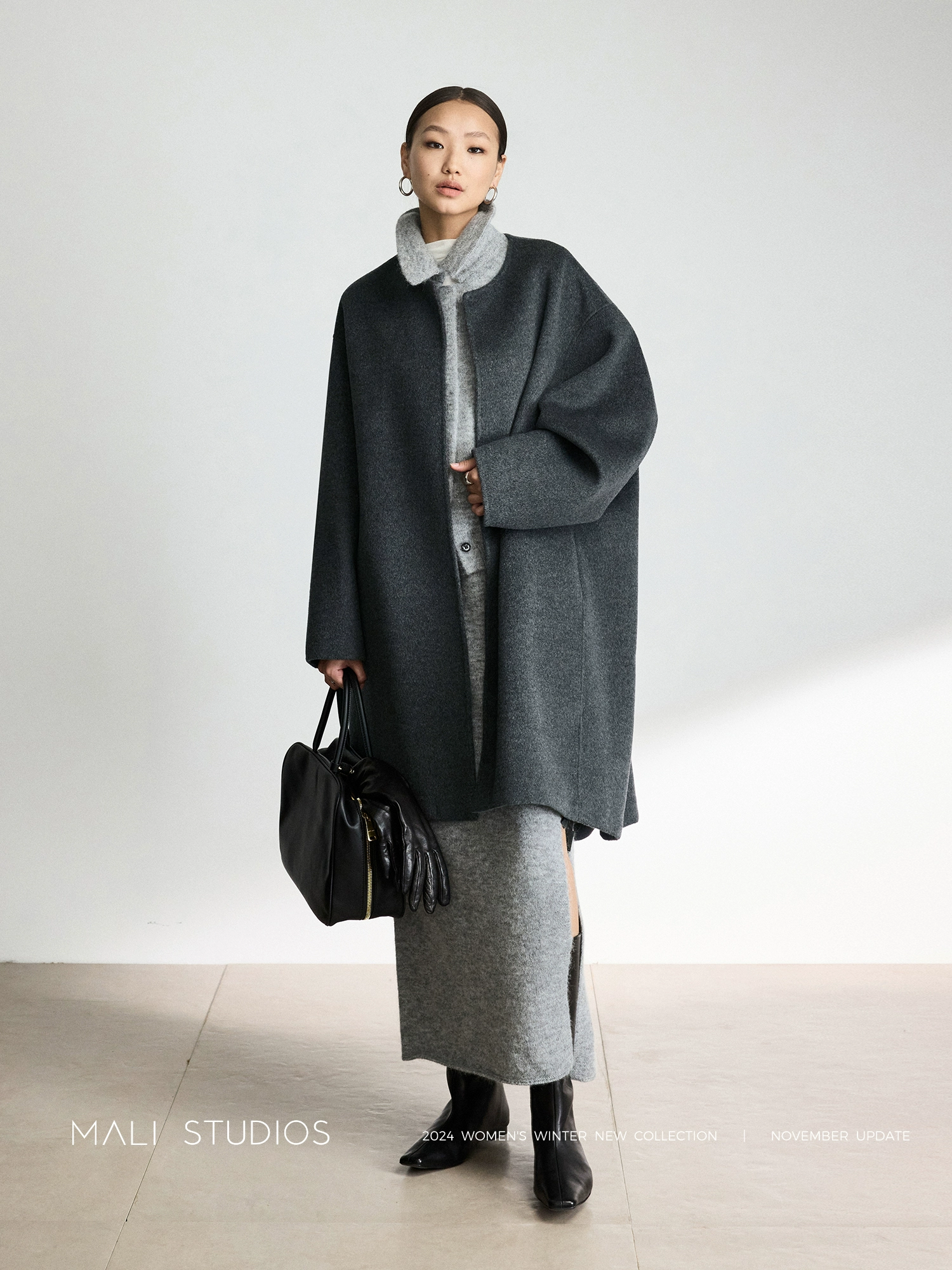 MALI | 进口羊驼羊毛&110支羊毛羊绒ROW宽松廓形抽绳双面呢大衣 - Image 2