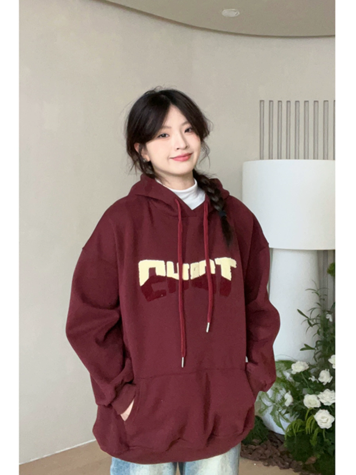 2024秋冬季华棉复合奥粒绒卫衣字母植绒连帽大口袋宽松外套上衣潮 - Image 5