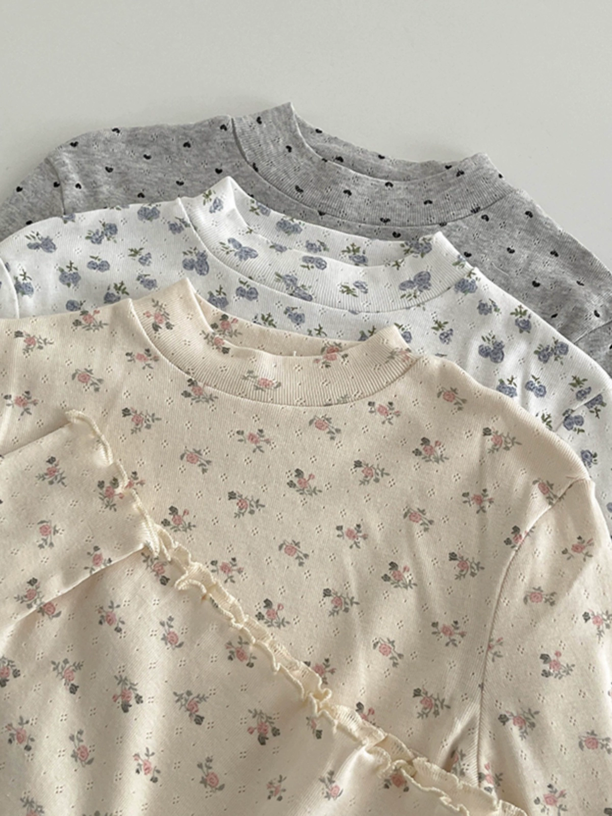 立领碎花木耳边T恤2024女秋冬季新款韩版简约修身长袖气质打底衫 - Image 2