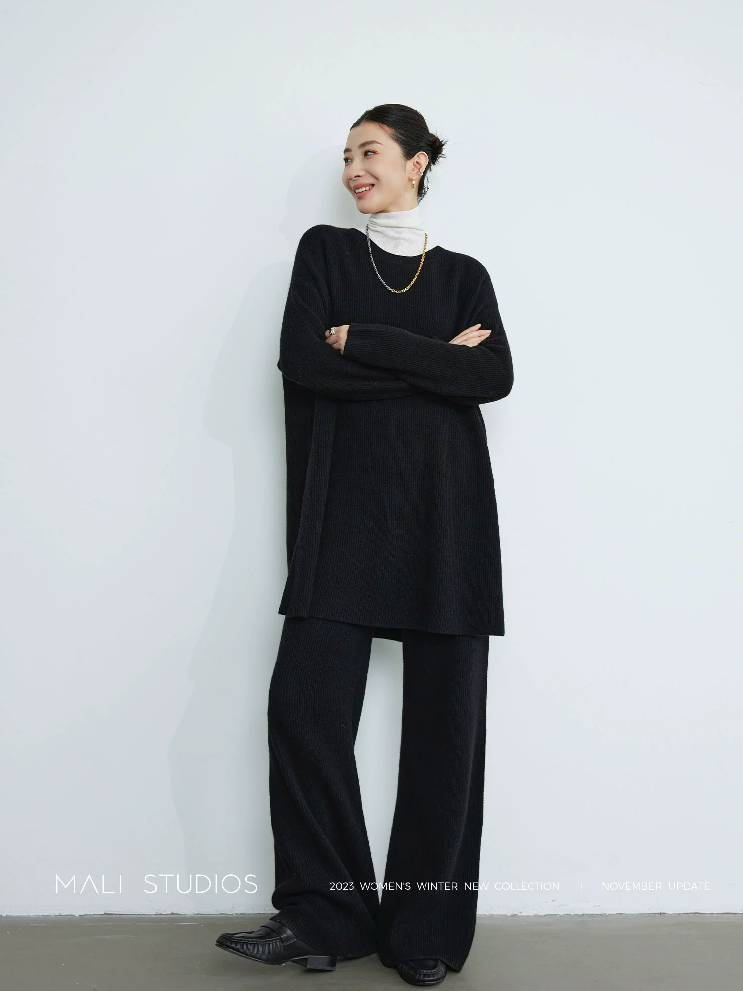 MALI|高克重加厚羊绒羊毛_时髦慵懒黄金开叉極简坑条纸片人套装 - Image 3