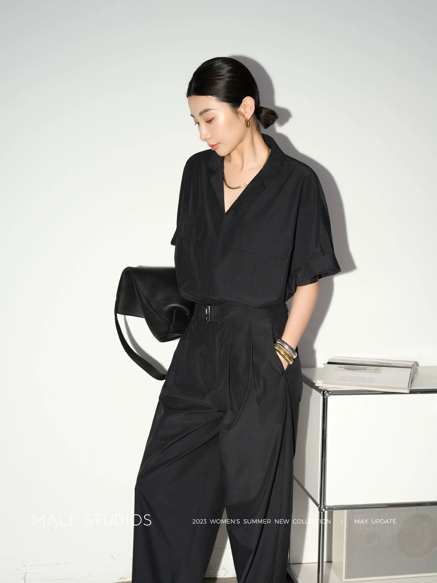 MALI|工装风纸片人套装_夏季宽松蝙蝠袖短袖衬衫+腰带休闲裤 - Image 5