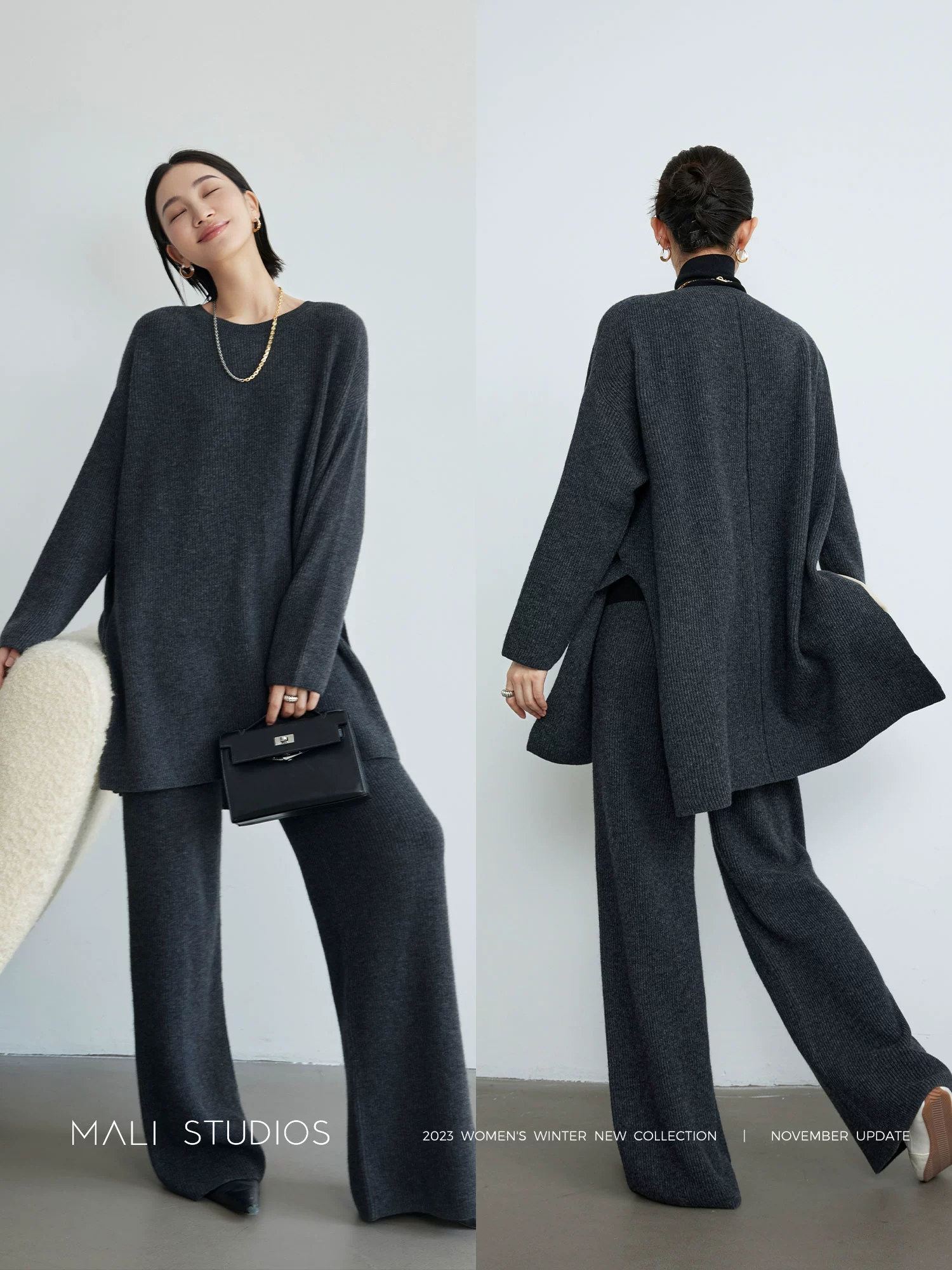 MALI|高克重加厚羊绒羊毛_时髦慵懒黄金开叉極简坑条纸片人套装 - Image 4