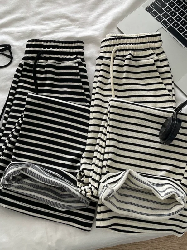 黑白条纹垂感休闲裤2024年夏季新款女装高腰小个子宽松系带阔腿裤