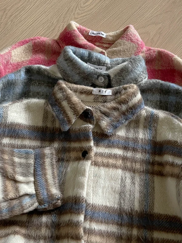 气质磨毛撞色格子衬衫外套2024冬装韩版女装中长款单排扣慵懒上衣