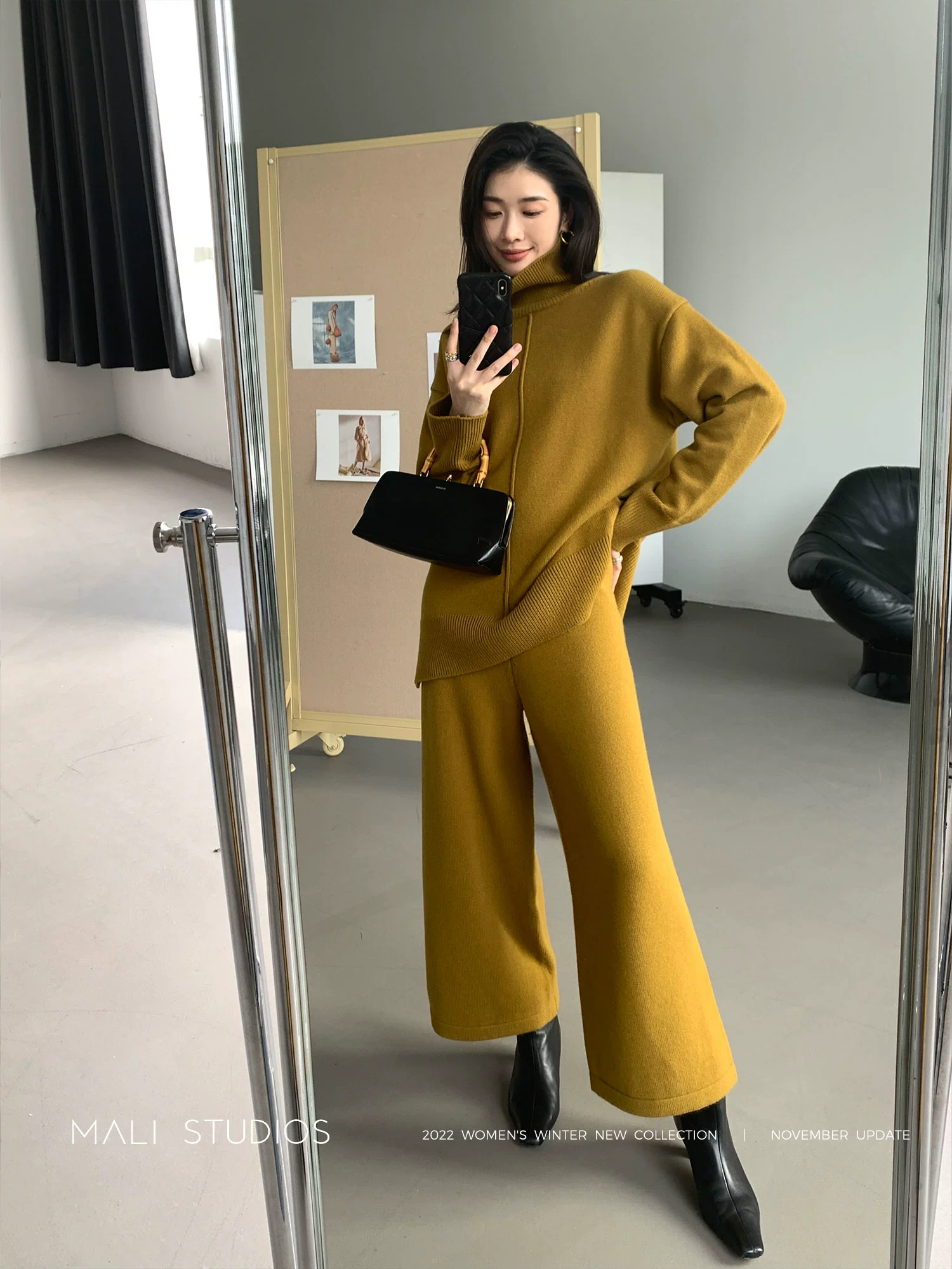 MALI|INS博主同款_高端全羊毛立领毛衣+阔腿九分裤两件套 - Image 2
