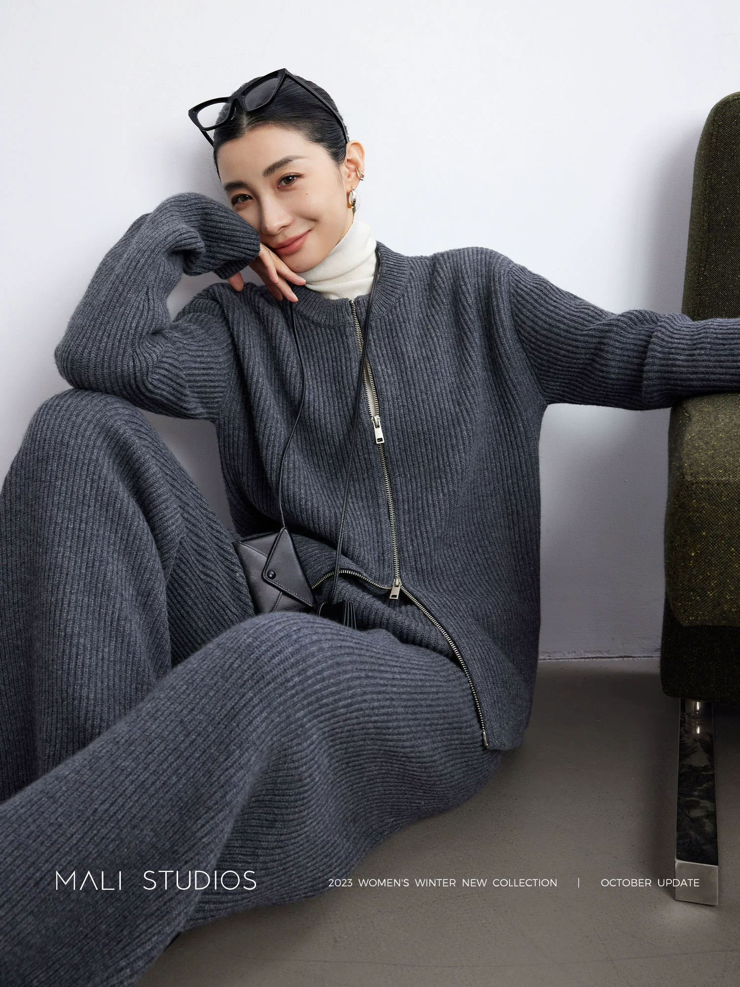 MALI|高端羊绒羊毛_时髦造型感毛衣+开衫+马甲+直筒裤五件套 - Image 3