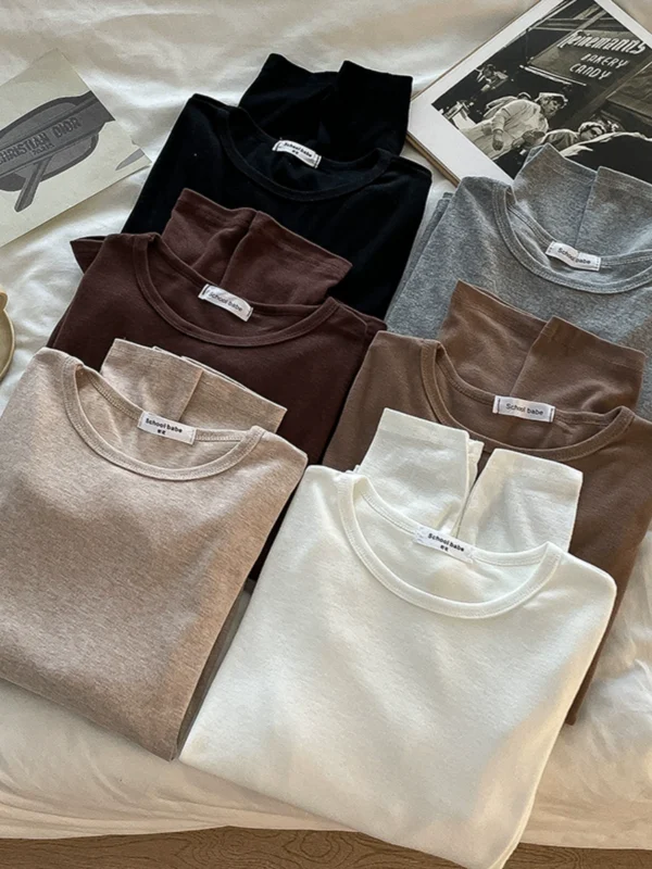 百搭多色磨毛内搭圆领长袖T恤2024秋季新款女装舒适打底衫上衣潮