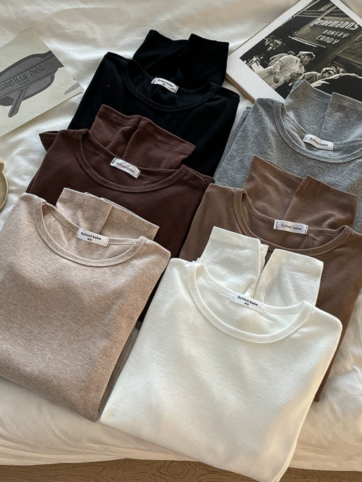 百搭多色磨毛内搭圆领长袖T恤2024秋季新款女装舒适打底衫上衣潮