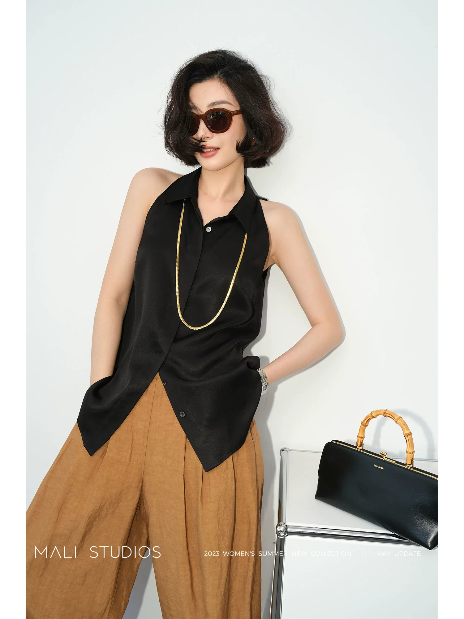 MALI|清凉天丝亚麻_法式复古尖领小众气质无袖衬衫 - Image 2