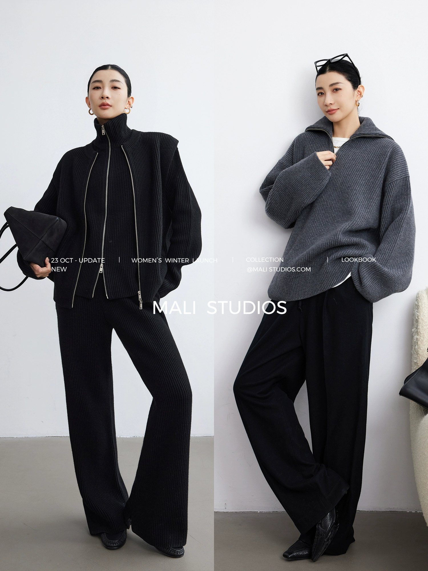 MALI|高端羊绒羊毛_时髦造型感毛衣+开衫+马甲+直筒裤五件套 - Image 5