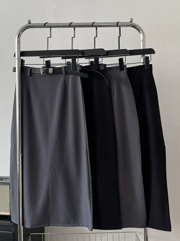 时尚气质纯色高腰半身裙2024秋季新款韩版女装腰带中长款A字裙潮