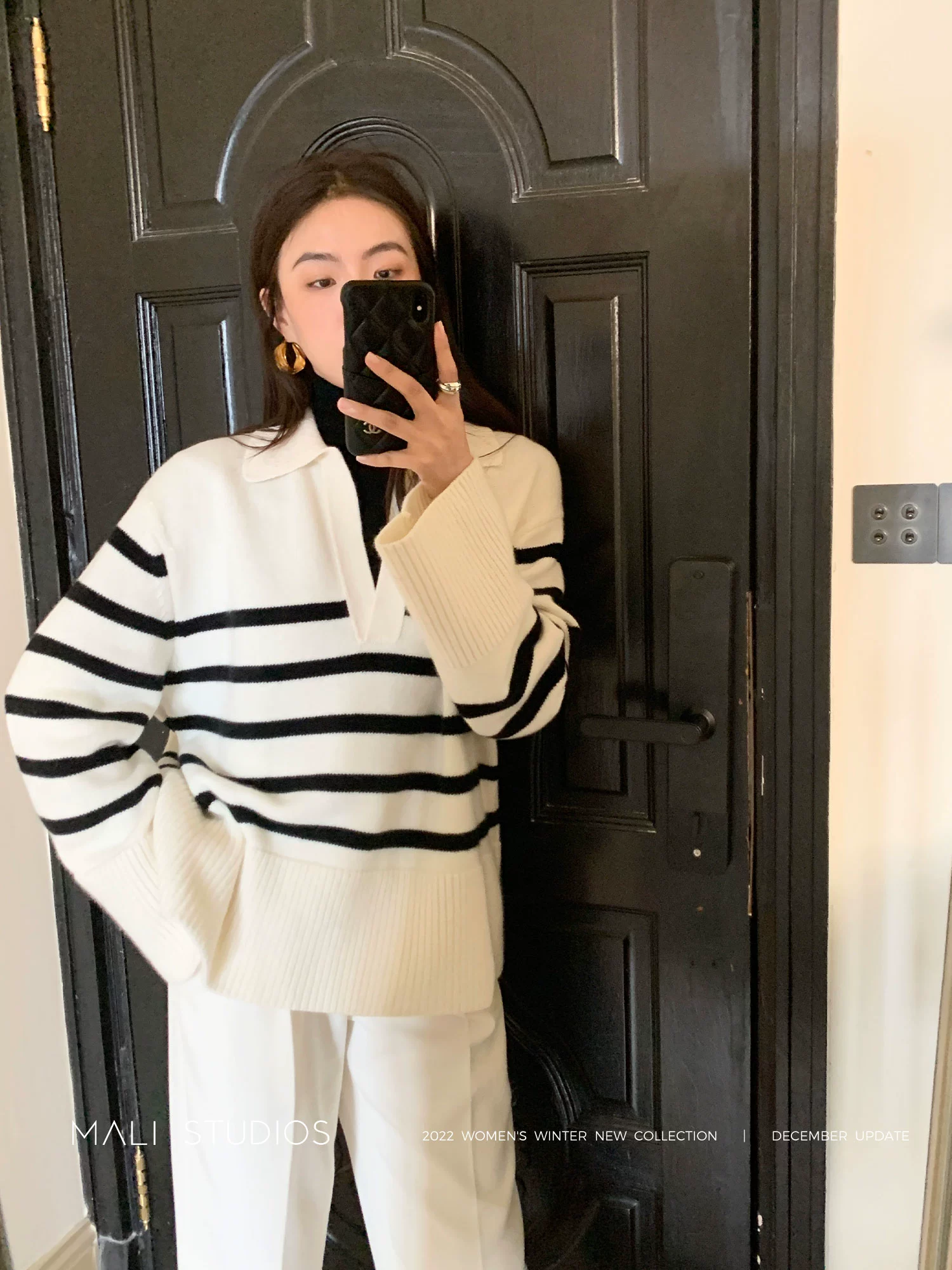 MALI|INS风法式条纹_超宽廓形POLO领时髦慵懒毛衣 - Image 3