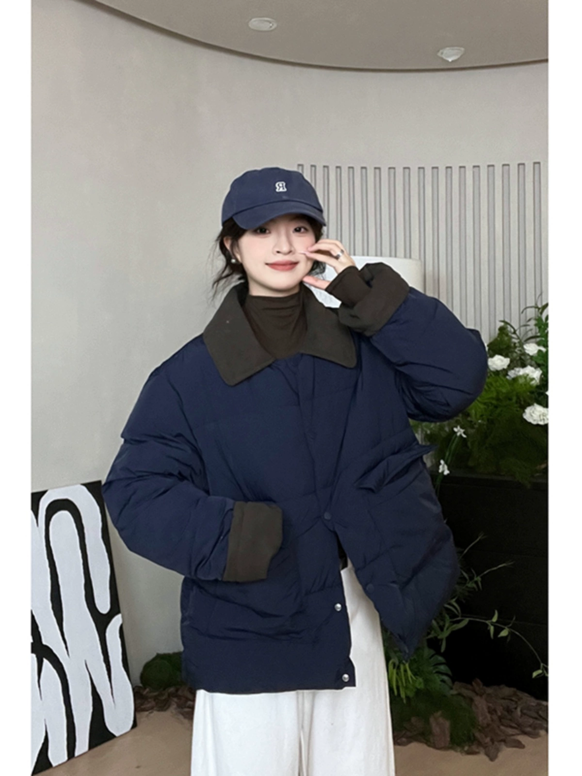 撞色拼接短款小个子棉服女装2024冬季新款宽松加厚棉衣面包服外套 - Image 5