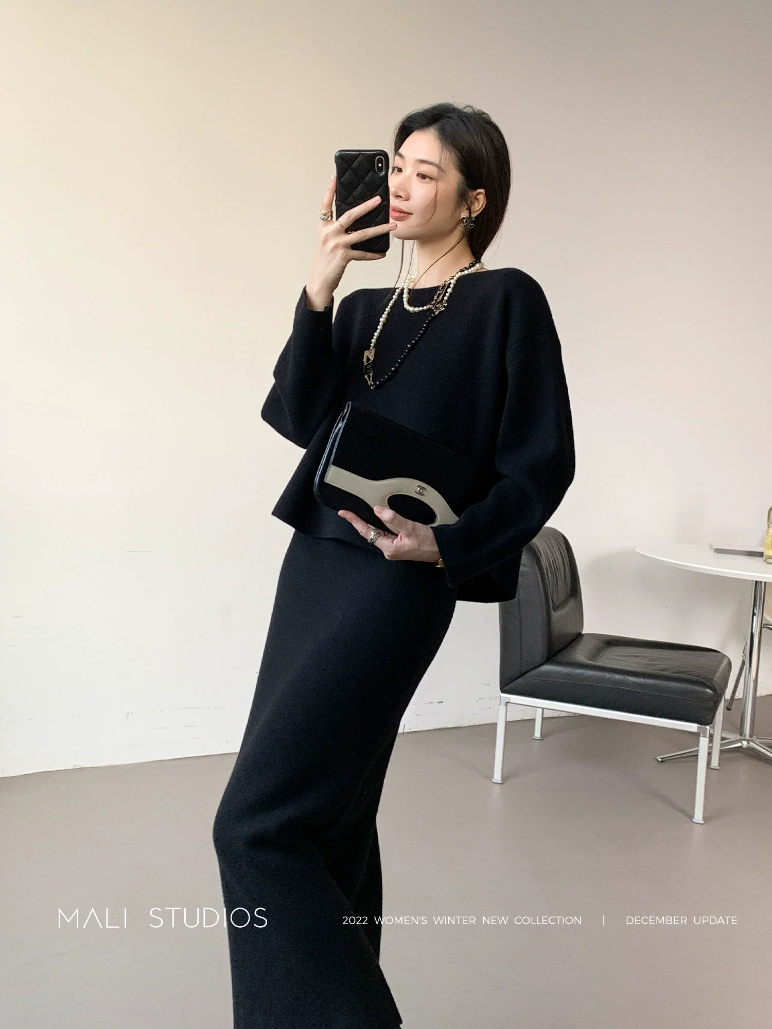 MALI|时髦羊绒羊毛套装_弧袖廓形毛衣+直筒针织半裙 - Image 3