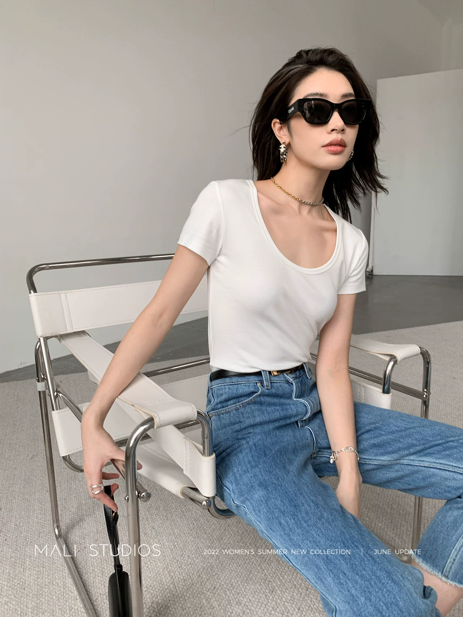 时髦极简后背设计感|50S精梳棉ROW风U领T恤 - Image 2