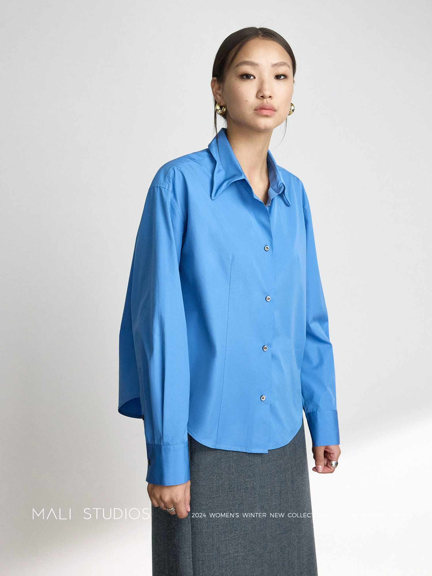 MALI | 高支高密新疆长绒棉时髦立体造型领截短衬衫 - Image 4