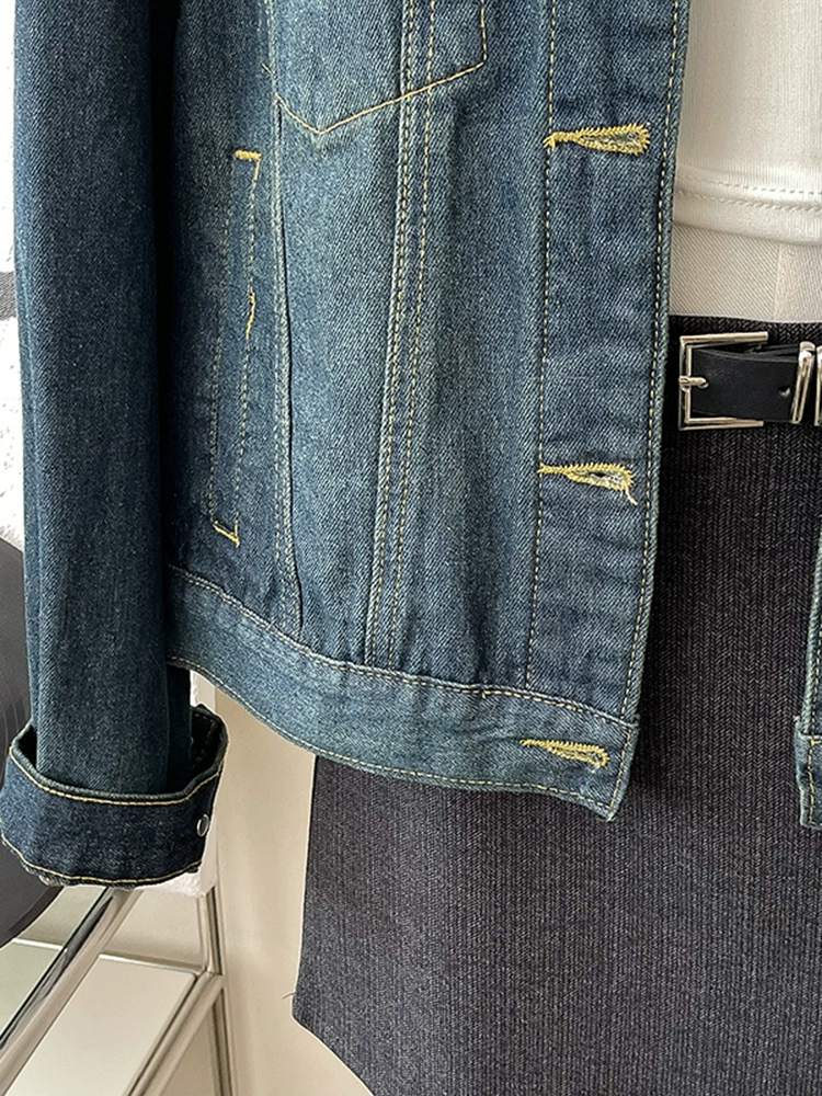 时尚复古翻领牛仔短外套2024秋季新款女装百搭宽松单排扣长袖上衣