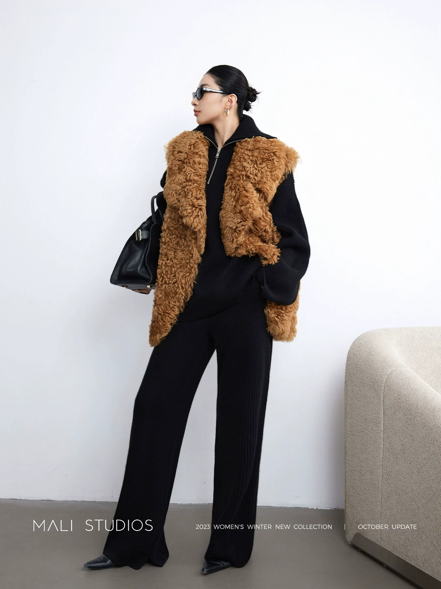 MALI|私服古着_皮毛一体羊卷毛复古时髦廓形马甲皮草外套 - Image 4