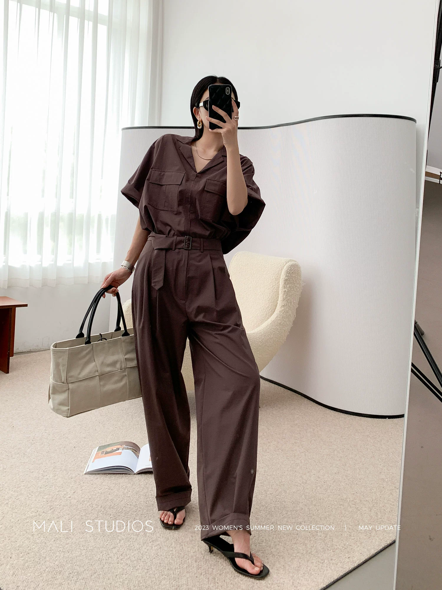 MALI|工装风纸片人套装_夏季宽松蝙蝠袖短袖衬衫+腰带休闲裤 - Image 2