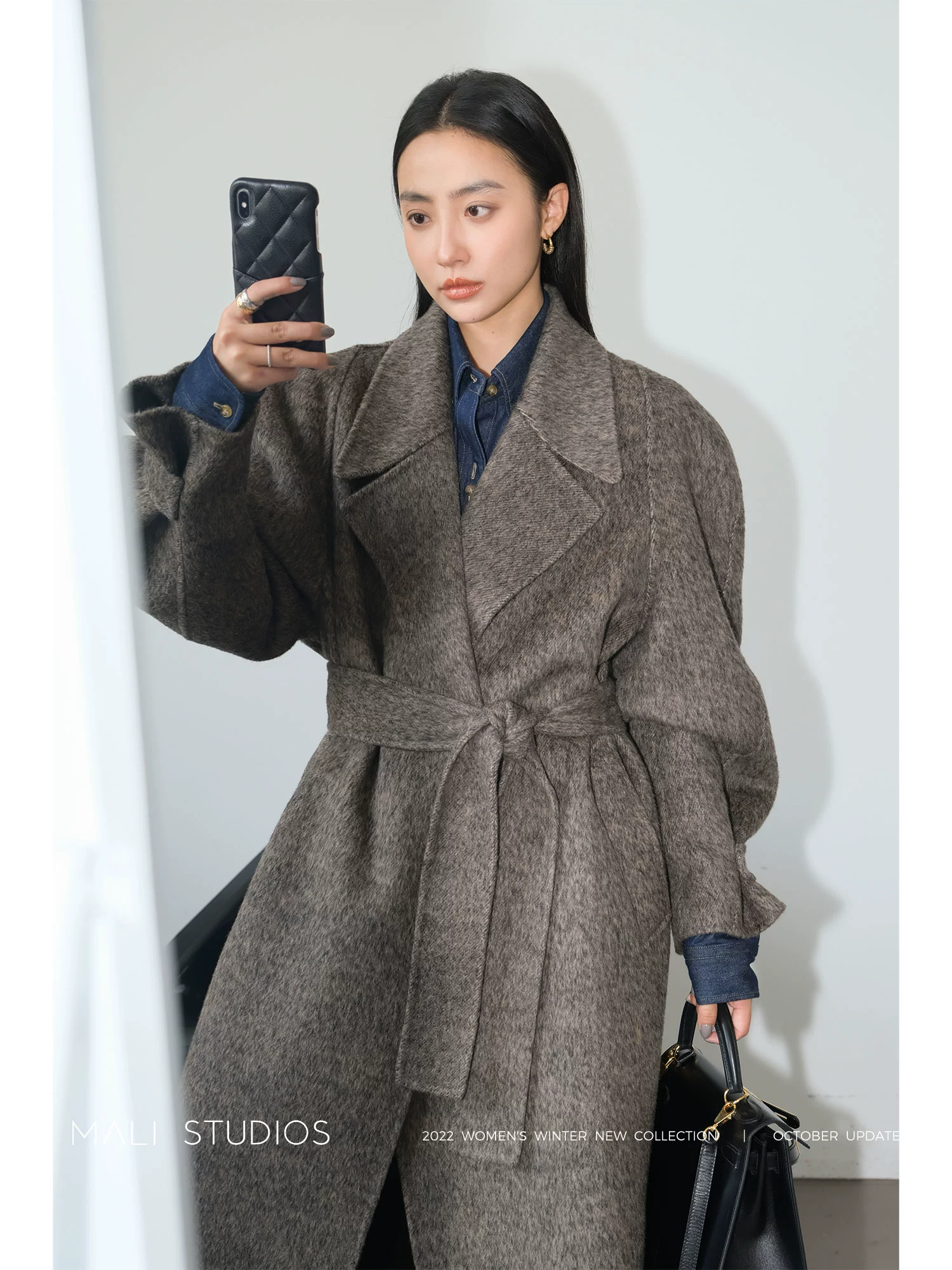 MALI|小众蕞时髦 羊毛真丝双面呢窄肩廓形羊腿袖大衣 - Image 2