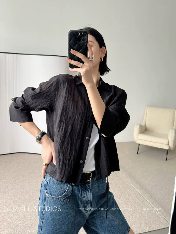 MALI|Tot小众北欧风_微皱风格抽绳衬衫上衣