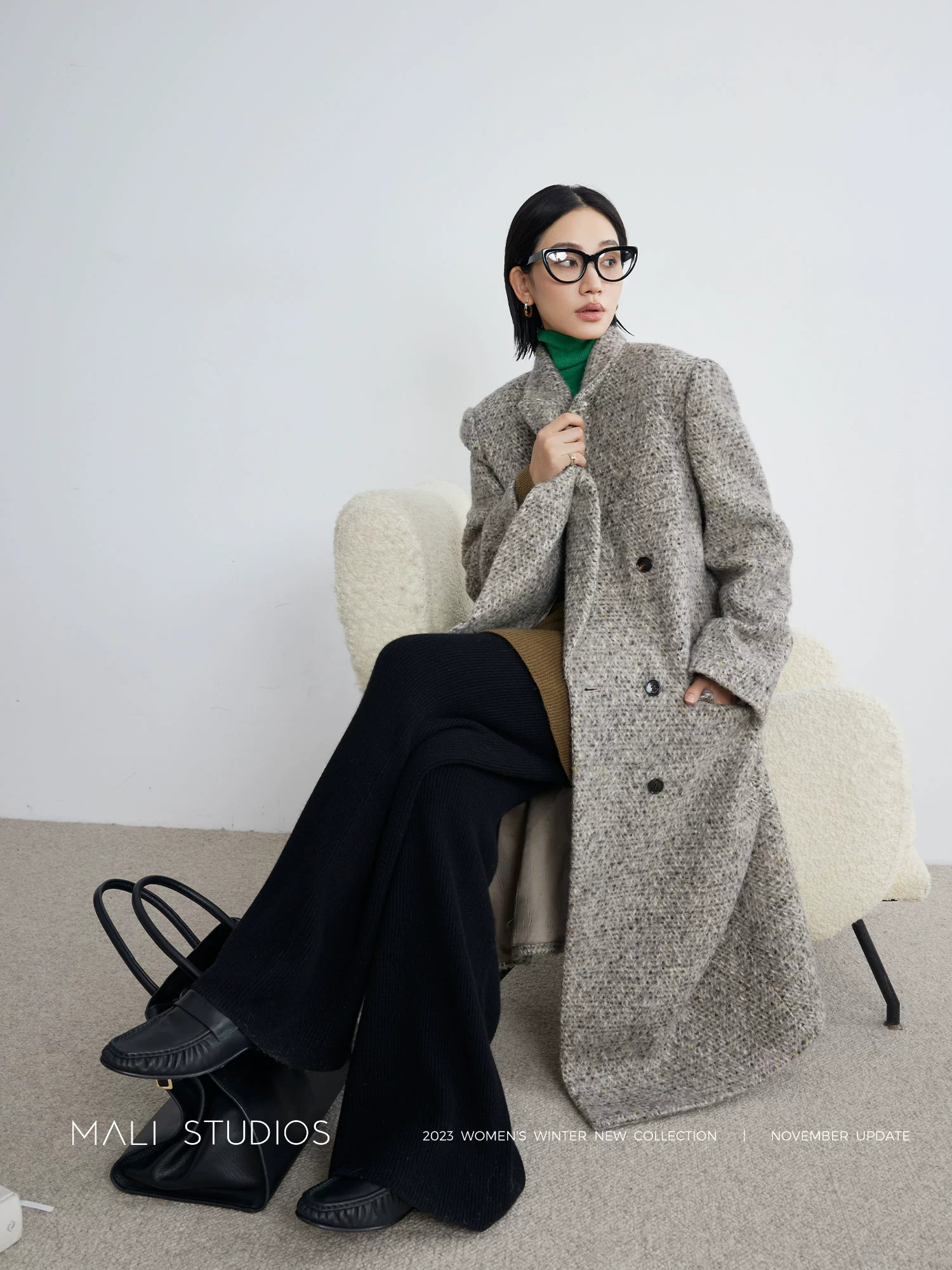 MALI|苏力羊驼绵羊毛长毛人字纹_VTG彩花纱双排扣西装大衣外套 - Image 4