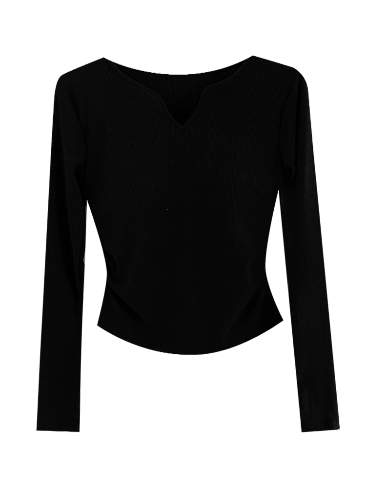 纯色修身圆领胸垫T恤2024女秋冬季新款韩版长袖打底减龄套头上衣 - Image 5