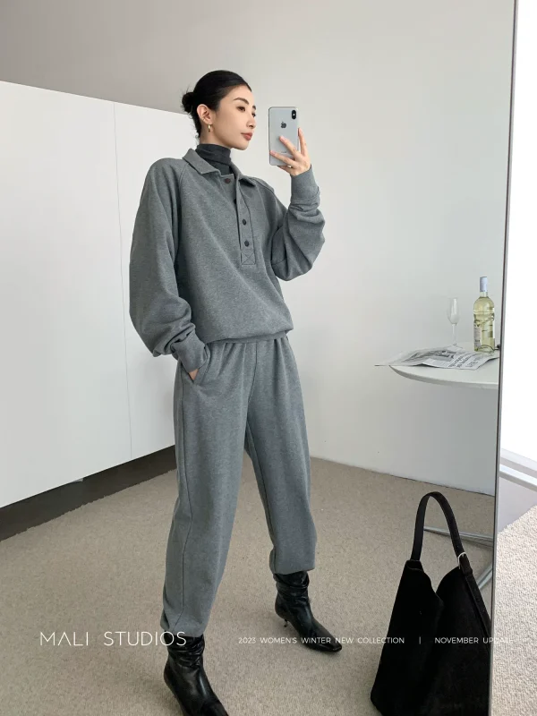 MALI｜高端加绒毛圈卫衣料_ATHFLOW风POLO领廓形卫衣+时装运动裤