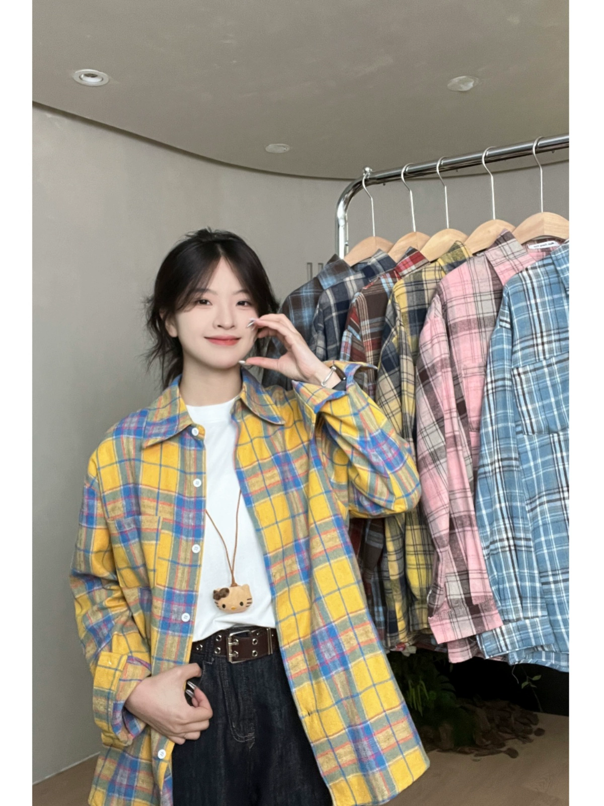 时尚休闲多色格子翻领衬衫2024秋季新款韩版女装撞色男友风开衫潮