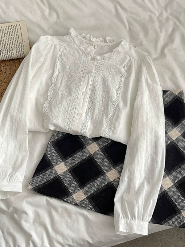 蕾丝花边百搭长袖开衫衬衫2024秋季新款韩版女装宽松显瘦百搭上衣