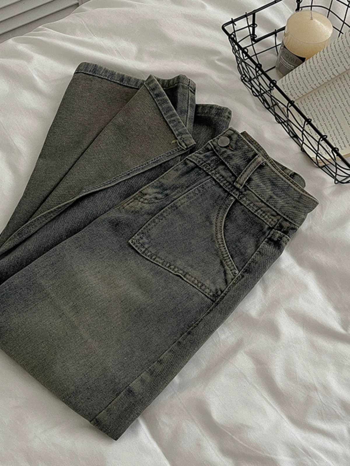 复古水洗开叉高腰牛仔半身裙2024秋季新款韩版女装宽松气质A字裙 - Image 2