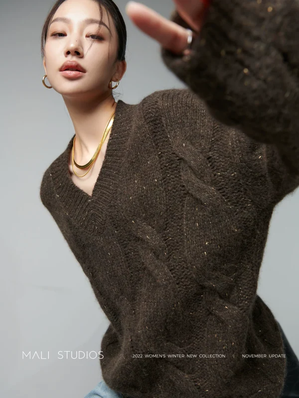 MALI｜意大利金银豆豆纱/罕山白山羊绒_慵懒绞花肌理廓形大毛衣