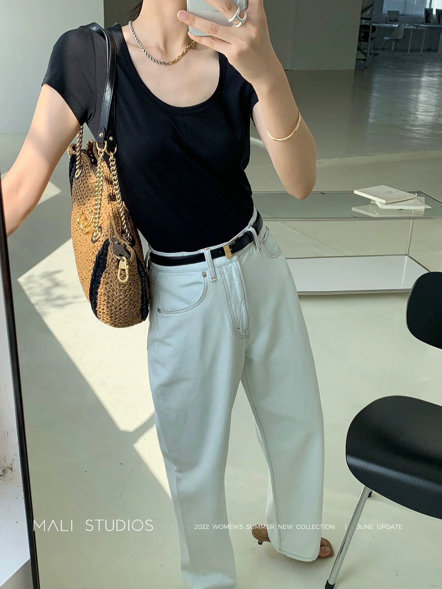 时髦极简后背设计感|50S精梳棉ROW风U领T恤 - Image 5